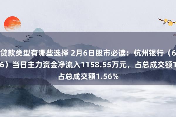 贷款类型有哪些选择 2月6日股市必读：杭州银行（600926）当日主力资金净流入1158.55万元，占总成交额1.56%